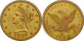 1847-O Liberty Head Eagle. Winter-3. Repunched Date. AU-58 (PCGS).

Struck from medallic alignment of the dies, this is a particularly intriguing ex...