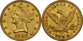 1848-O Liberty Head Eagle. Winter-1. MS-60 (PCGS). CAC.

Original orange-honey surfaces are enhanced by soft, frosty mint luster. The strike is a bi...