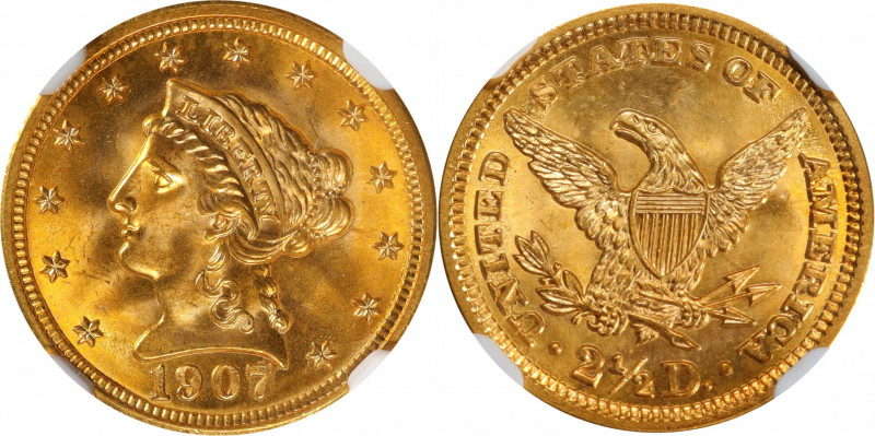 1907 Liberty Head Quarter Eagle. MS-67 (NGC).

Handsome deep gold surfaces are...