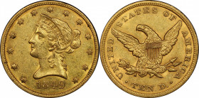 1849 Liberty Head Eagle. MS-60 (PCGS).

Sharply struck over most focal features, this lustrous and satiny example is enhanced by attractive color in...