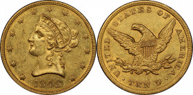 1849 Liberty Head Eagle. Breen-6887. Repunched Date. MS-60 (PCGS).

This intriguing variety shows repunching to all four digits in the date, most pr...