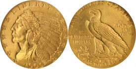 1909 Indian Quarter Eagle. MS-64 (NGC).

With a razor sharp strike, billowy satin luster and pretty orange-gold patina, this smooth and inviting exa...