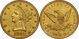 1849-O Liberty Head Eagle. Winter-1. AU-58 (PCGS). CAC.

A delightful example that exhibits original honey-olive color with subtle pinkish-apricot h...