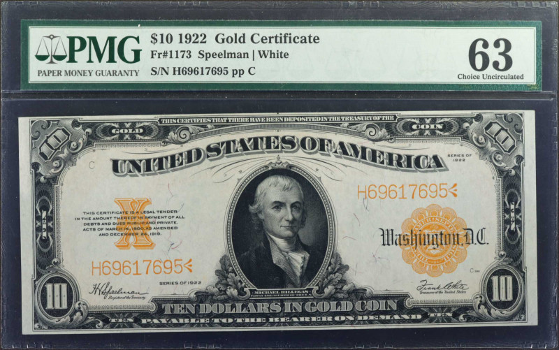 Fr. 1173. 1922 $10 Gold Certificate. PMG Choice Uncirculated 63.

Large serial...