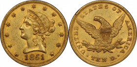 1851 Liberty Head Eagle. MS-60 (PCGS). CAC.

Beautiful honey-gold color with pale pinkish-rose highlights also very much in evidence. Both sides are...