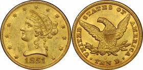 1851-O Liberty Head Eagle. Winter-1. MS-61 (PCGS). CAC.

Offered is a significant Mint State rarity from among the Fairmont Collection's New Orleans...