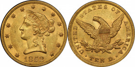 1852 Liberty Head Eagle. MS-62+ (PCGS). CAC.

Superior surfaces are enhanced by blended frosty luster and vivid golden-rose color. This is a sharply...