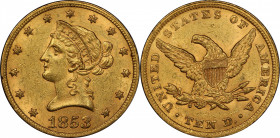 1853/'2' Liberty Head Eagle. Breen-6905. MS-61 (PCGS).

An impressive condition rarity for this interesting Liberty Head eagle variety. Handsome hon...