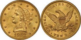 1853 Liberty Head Eagle. MS-63 (PCGS). CAC.

With original rose-gold surfaces that are expertly preserved and attractively original, it should come ...