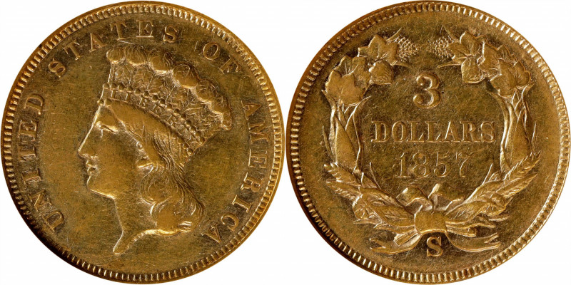 1857-S Three-Dollar Gold Piece. AU-53 (NGC).

The rigors of circulation undoub...
