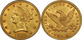 1854 Liberty Head Eagle. MS-62 (PCGS). CAC.

Both sides of this delightful 1854 Liberty Head eagle display a lovely blend of soft frosty luster and ...