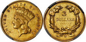 1857-S Three-Dollar Gold Piece. EF-45 (NGC).

Vivid antique-gold patina blends nicely over both sides of this uncommonly well preserved piece. Ample...