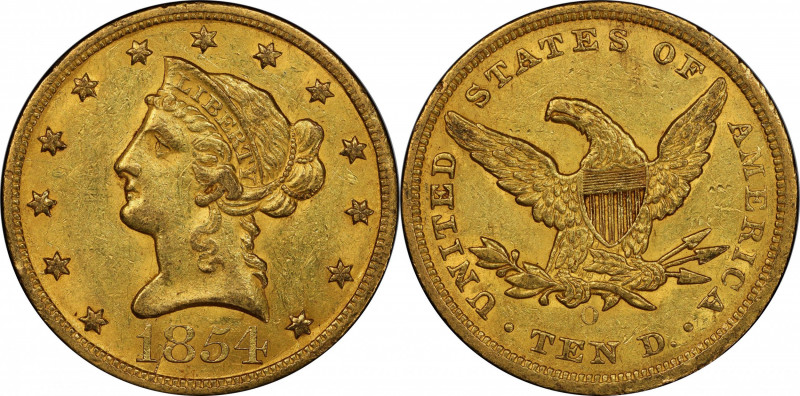 1854-O Liberty Head Eagle. Large Date. Winter-1. AU-58 (PCGS). CAC.

A handsom...