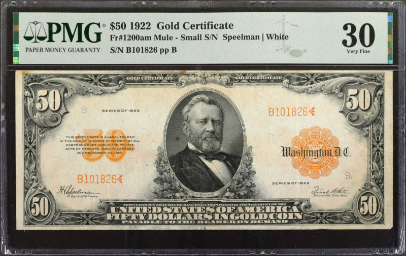 Fr. 1200am. 1922 $50 Gold Certificate Mule Note. PMG Very Fine 30.

Small seri...