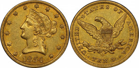 1854-O Liberty Head Eagle. Small Date. Winter-1, the only known dies. AU-55 (PCGS). CAC.

Deep, rich, vivid color in olive-orange blankets both side...