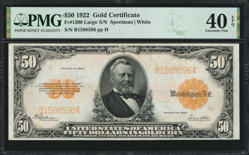 Fr. 1200. 1922 $50 Gold Certificate. PMG Extremely Fine 40 EPQ.

Large serial ...