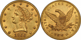 1855 Liberty Head Eagle. MS-62 (PCGS).

Sharply defined in most areas, this Liberty Head eagle displays full frosty luster and gorgeous, original co...