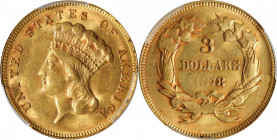1878 Three-Dollar Gold Piece. MS-62 (PCGS).

A lovely Mint State example with vibrant honey-gold coloration across each side. Significant blooms of ...