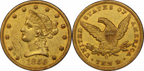 1855-O Liberty Head Eagle. Winter-1, the only known dies. AU-53 (PCGS). CAC.

Beautiful honey-gold in color, with delicate champagne-pink overtones ...