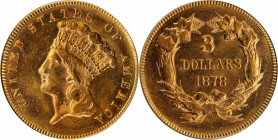 1878 Three-Dollar Gold Piece. MS-61 (PCGS). OGH.

Vivid orange-rose surfaces are sharply struck with a lustrous, satiny texture. The perennially pop...