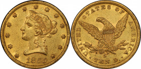 1855-S Liberty Head Eagle. AU-55 (PCGS).

This remarkable condition rarity displays nearly complete luster in a lively satin to softly frosted textu...