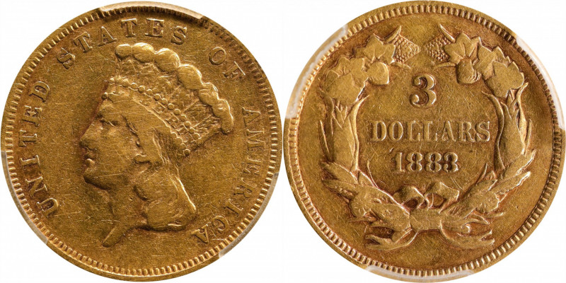 1883 Three-Dollar Gold Piece. VF-25 (PCGS).

A noticeably worn example of the ...