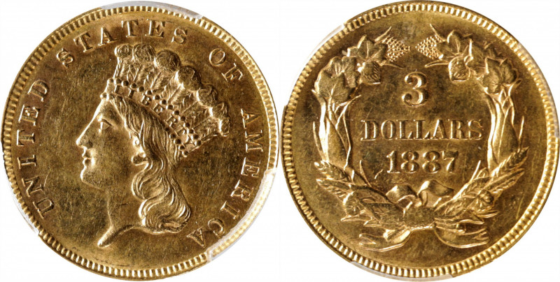 1887 Three-Dollar Gold Piece. MS-62 (PCGS).

Satiny golden-wheat surfaces with...