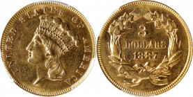 1887 Three-Dollar Gold Piece. MS-62 (PCGS).

Satiny golden-wheat surfaces with tinges of pale pink iridescence evident as the coin rotates under a l...