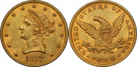 1857 Liberty Head Eagle. MS-62 (PCGS). CAC.

A landmark rarity among circulation strike 1850s Liberty Head eagles. Fully original in preservation, b...