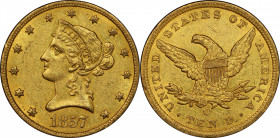 1857-O Liberty Head Eagle. Winter-1, the only known dies. AU-58 (PCGS). CAC.

Wonderfully original honey-gold surfaces display a tinge of pale olive...