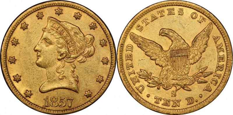 1857-S Liberty Head Eagle. AU-55+ (PCGS). CAC.

This richly original pinkish-h...