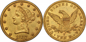 1857-S Liberty Head Eagle. AU-55+ (PCGS). CAC.

This richly original pinkish-honey example is boldly to sharply defined throughout with glints of sa...