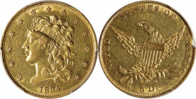 1834 Classic Head Half Eagle. HM-7. Rarity-3. Plain 4. AU-50 (PCGS).

This sharply struck example alternates between olive-gold and medium gold colo...