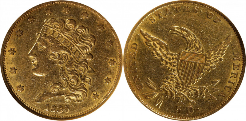 1835 Classic Head Half Eagle. HM-1. Rarity-2+. AU-55 (NGC).

Partially lustrou...