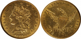 1835 Classic Head Half Eagle. HM-1. Rarity-2+. AU-55 (NGC).

Partially lustrous yellow-gold surfaces offer pale olive iridescence in a bold light so...