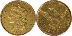 1836 Classic Head Half Eagle. HM-2. Rarity-4+. EF-40 (PCGS).

Pleasing honey-gold surfaces exhibit tinges of pale olive as the coin rotates under a ...