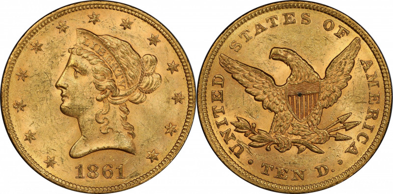 1861 Liberty Head Eagle. MS-62+ (PCGS). CAC.

Extremely beautiful surfaces exh...