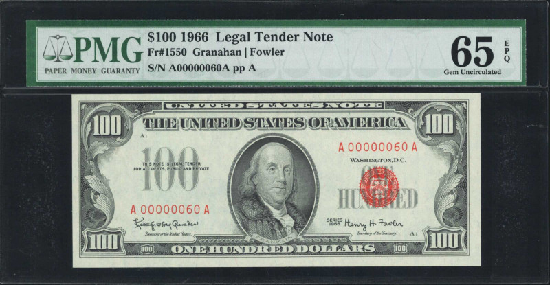 Fr. 1550. 1966 $100 Legal Tender Note. PMG Gem Uncirculated 65 EPQ. Low Serial N...