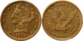 1841-D Liberty Head Half Eagle. Winter 5-D. Die State I. Repunched Date, Small D. EF-45 (PCGS).

Attractive khaki-gold over both the obverse and rev...