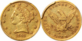 1841-D Liberty Head Half Eagle. Winter 5-D. Die State I. Small D. VF-35 (PCGS). CAC.

This thoroughly appealing mid grade example exhibits richly or...