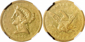 1842-D Liberty Head Half Eagle. Winter 7-E. Small Date, Small Letters. VF-25 (NGC).

Light, even golden-honey color blankets surfaces that reveal fa...