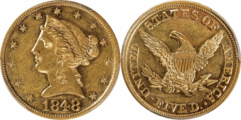 1848 Liberty Head Half Eagle. AU-58 (PCGS).

A bright yellow-gold example that...