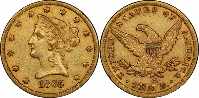 1865-S Liberty Head Eagle. 865/Inverted 186. AU-50 (PCGS). CAC.

This example ...