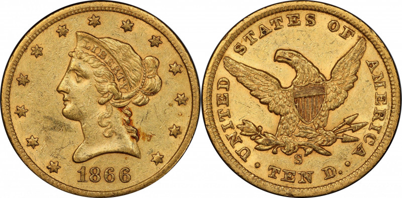 1866-S Liberty Head Eagle. No Motto. AU-55 (PCGS).

Offered is an extraordinar...