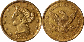 1857-C Liberty Head Half Eagle. Winter-1, the only known dies. EF Details--Edge Repaired (PCGS).

Although the 1857-C is widely regarded as one of t...