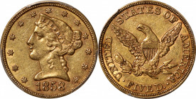 1858 Liberty Head Half Eagle. AU-55 (PCGS). CAC.

Original orange-apricot surfaces are near-fully lustrous with most design elements boldly rendered...