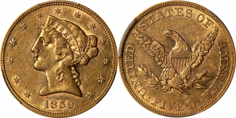 1859 Liberty Head Half Eagle. AU-53 (PCGS).

Plenty of lively mint luster rema...