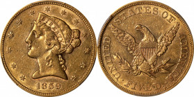 1859 Liberty Head Half Eagle. AU-53 (PCGS).

Plenty of lively mint luster remains on both sides of this boldly defined, pinkish-honey example. The 1...
