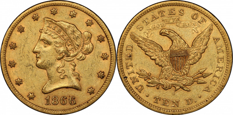 1866-S Liberty Head Eagle. Motto. AU-55+ (PCGS).

Offered is one of the finest...