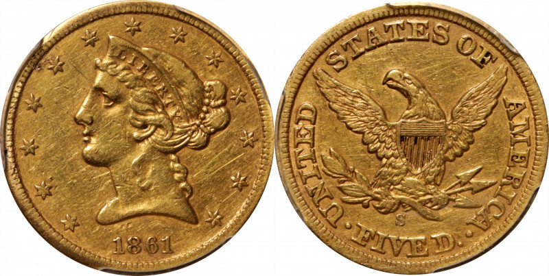 1861-S Liberty Head Half Eagle. EF Details--Filed Rims (PCGS).

Warm, even hon...